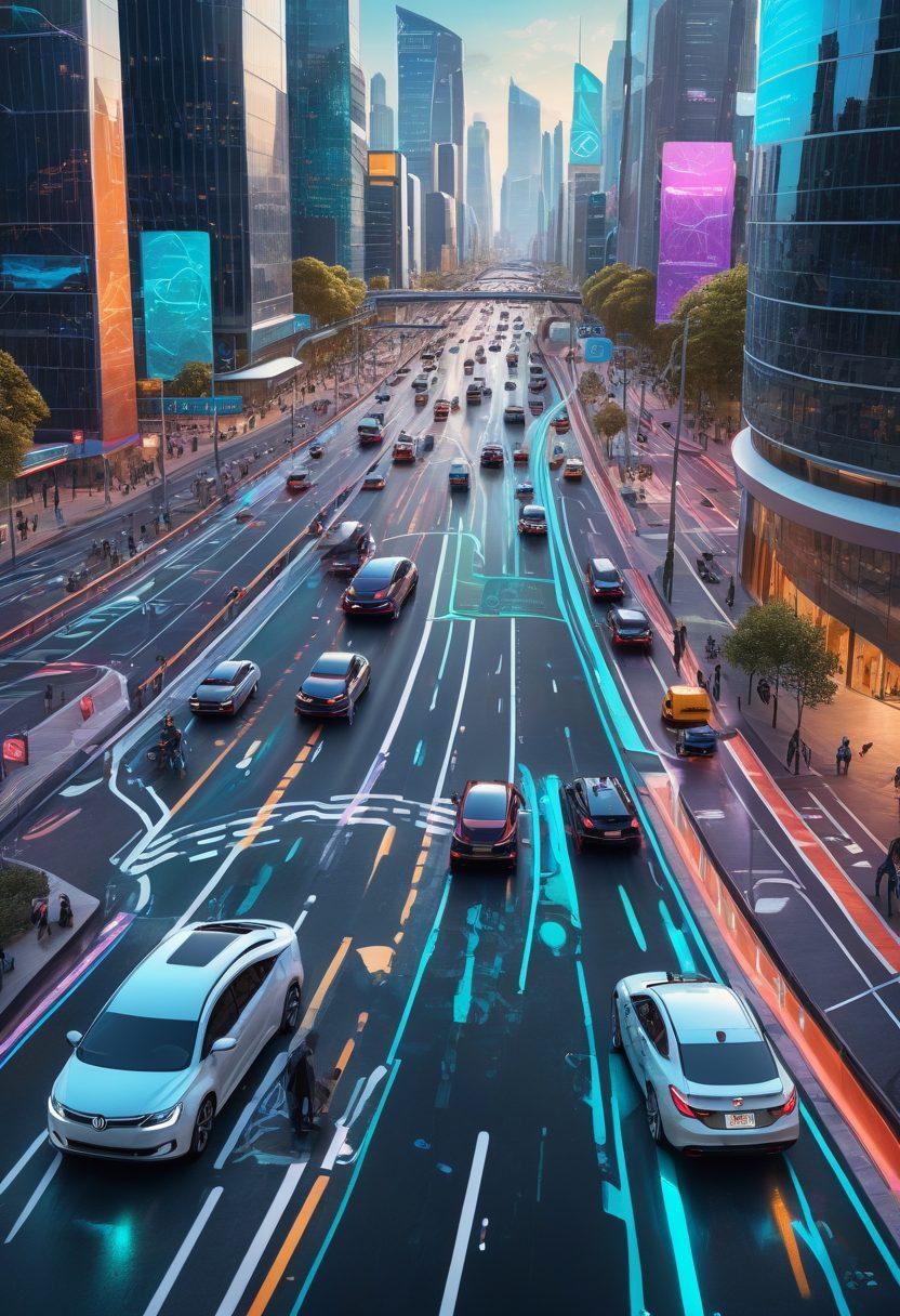 A bustling cityscape with interconnected roads and highways teeming with self-driving cars, cyclists, and pedestrians, all using advanced navigation apps on their smartphones. Digital maps and route paths overlay the scene, displaying real-time traffic data and alternative routes. Emphasize sleek, futuristic UI elements to highlight web-based services. super-realistic. vibrant colors.