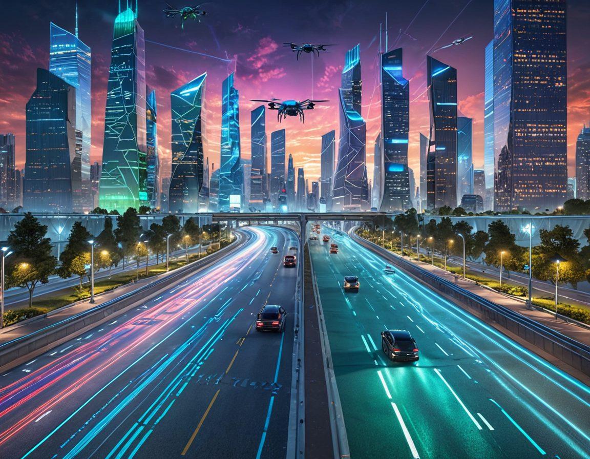 A futuristic highway winding through a sprawling city, with digital interfaces and holograms depicting traffic updates and road maintenance alerts. Autonomous drones and smart vehicles are actively maintaining roads, with a backdrop of sleek skyscrapers and green spaces. Superimpose transparent digital grids and codes flowing across the scene, highlighting the technological aspect. super-realistic. vibrant colors. high-tech.