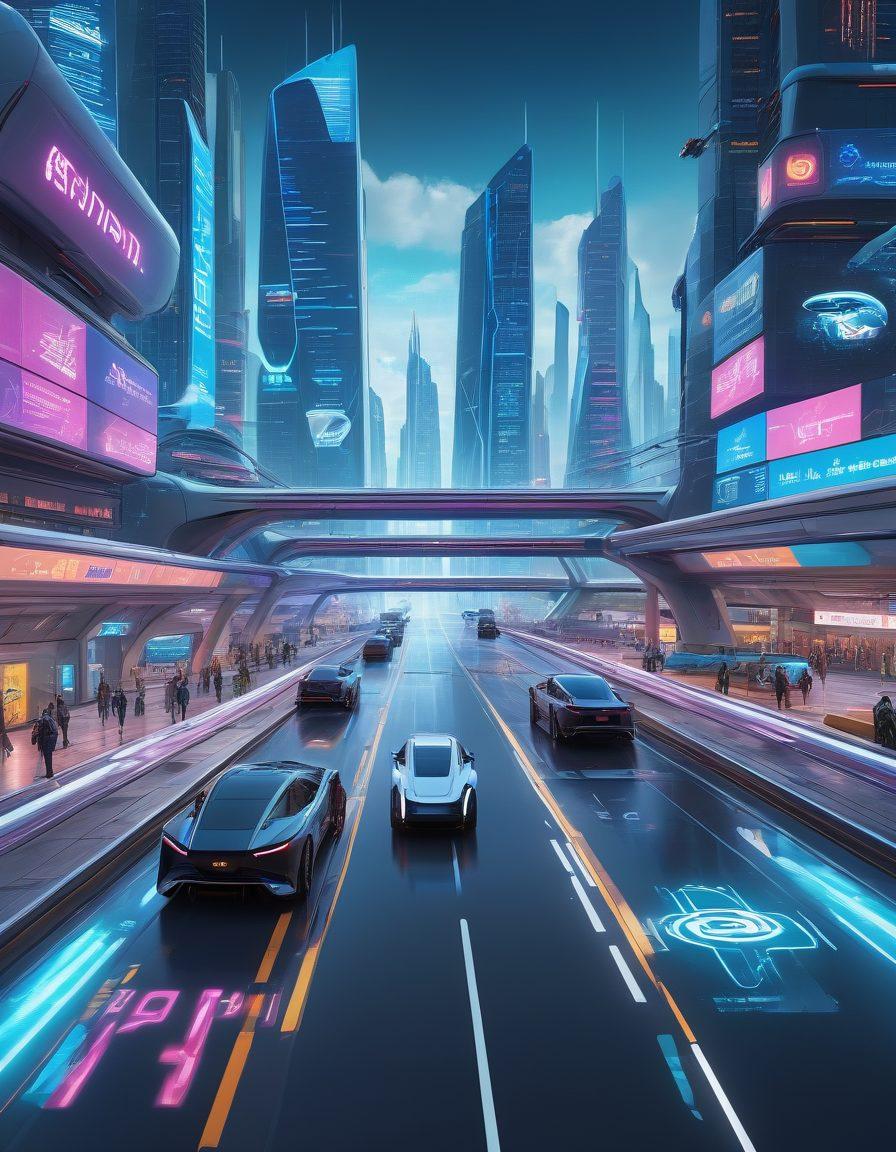 A futuristic cityscape with advanced road networks intertwined with digital holographic signs and autonomous vehicles smoothly navigating the streets. High-tech public transportation systems like maglev trains and flying taxis in the background. The sky filled with connectivity symbols and floating digital maps. super-realistic. vibrant colors. 3D. cyberpunk.